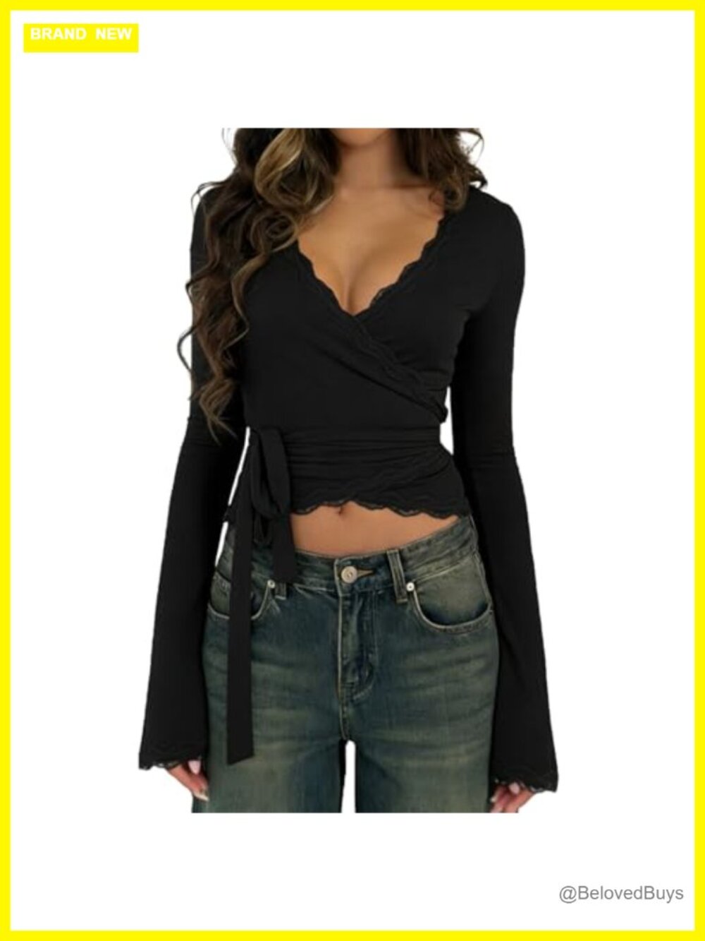 Women's Y2K Lace Mesh Crop Top Long Sleeve Deep V Neck Cross Wrap Slim Fit